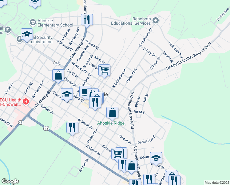 map of restaurants, bars, coffee shops, grocery stores, and more near 213 1st Street East in Ahoskie