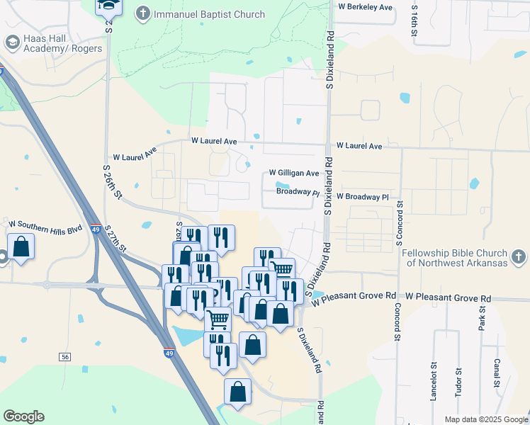 map of restaurants, bars, coffee shops, grocery stores, and more near 2024 West Chandler Avenue in Rogers