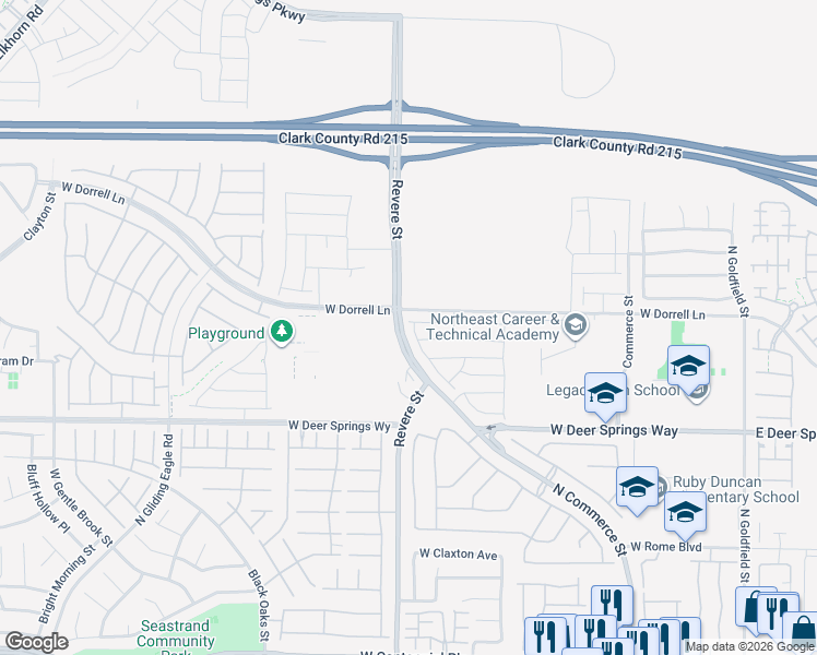 map of restaurants, bars, coffee shops, grocery stores, and more near 628 Founders Creek Avenue in North Las Vegas