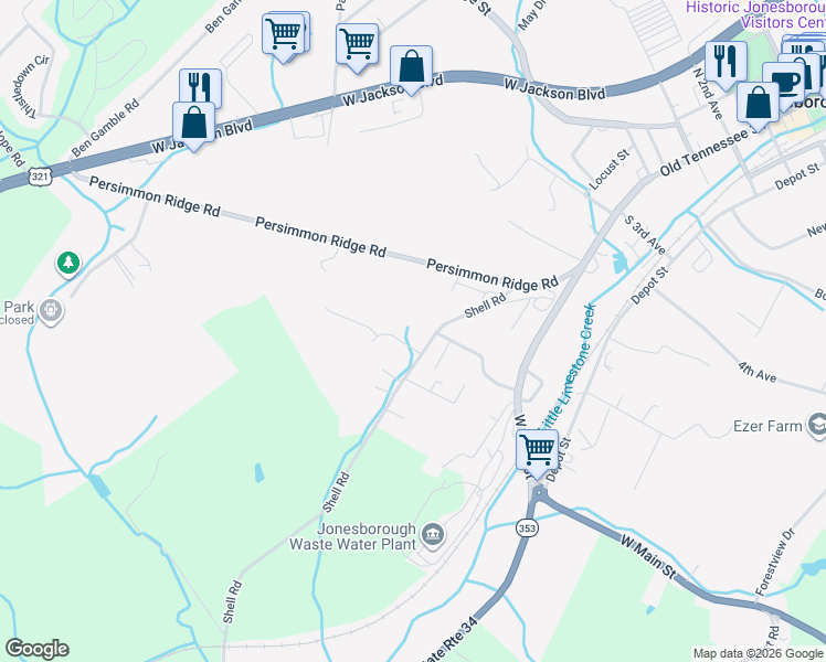 map of restaurants, bars, coffee shops, grocery stores, and more near 902 Charlem Court in Jonesborough