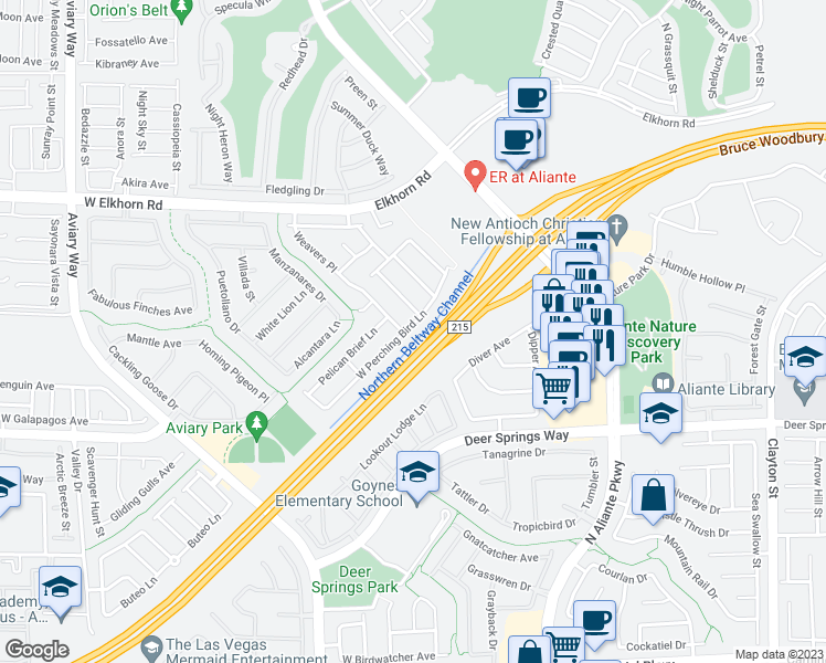 map of restaurants, bars, coffee shops, grocery stores, and more near 3317 West Perching Bird Lane in North Las Vegas