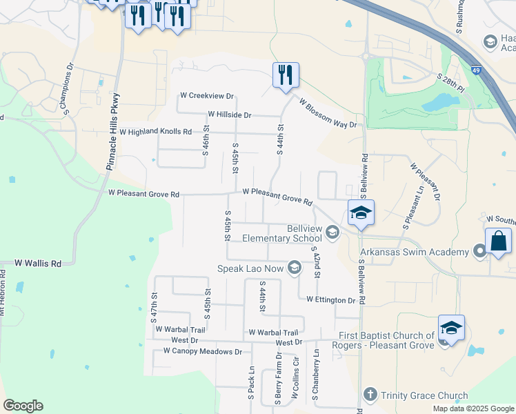 map of restaurants, bars, coffee shops, grocery stores, and more near 5304 South 44th Street in Rogers