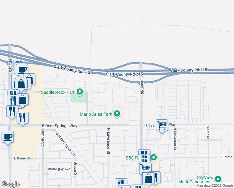 map of restaurants, bars, coffee shops, grocery stores, and more near Bruce Woodbury Beltway in North Las Vegas