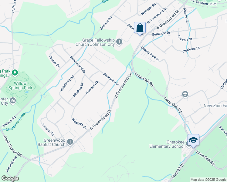 map of restaurants, bars, coffee shops, grocery stores, and more near 2814 South Greenwood Drive in Johnson City