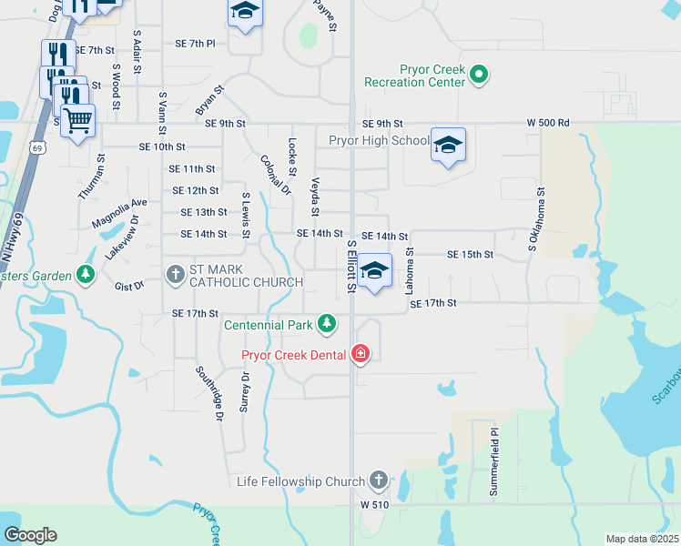 map of restaurants, bars, coffee shops, grocery stores, and more near 1501 Meadow Trace Drive in Pryor