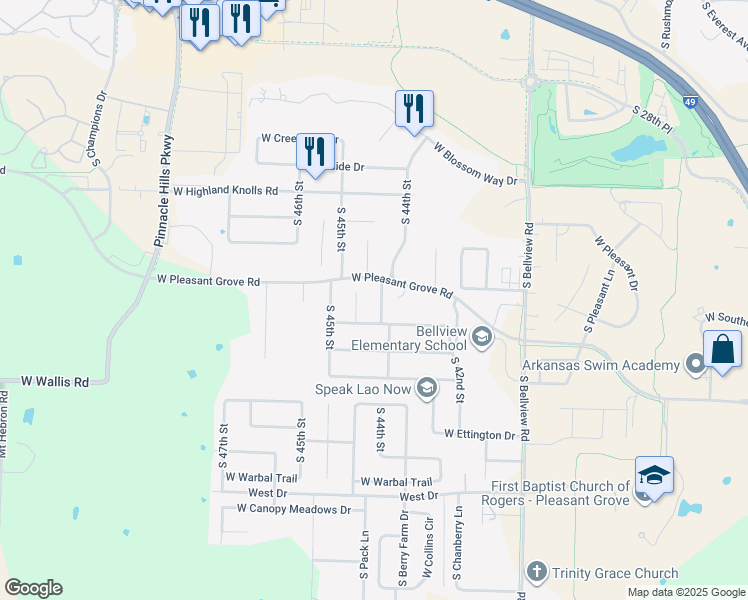 map of restaurants, bars, coffee shops, grocery stores, and more near 5311 South 44th Place in Rogers