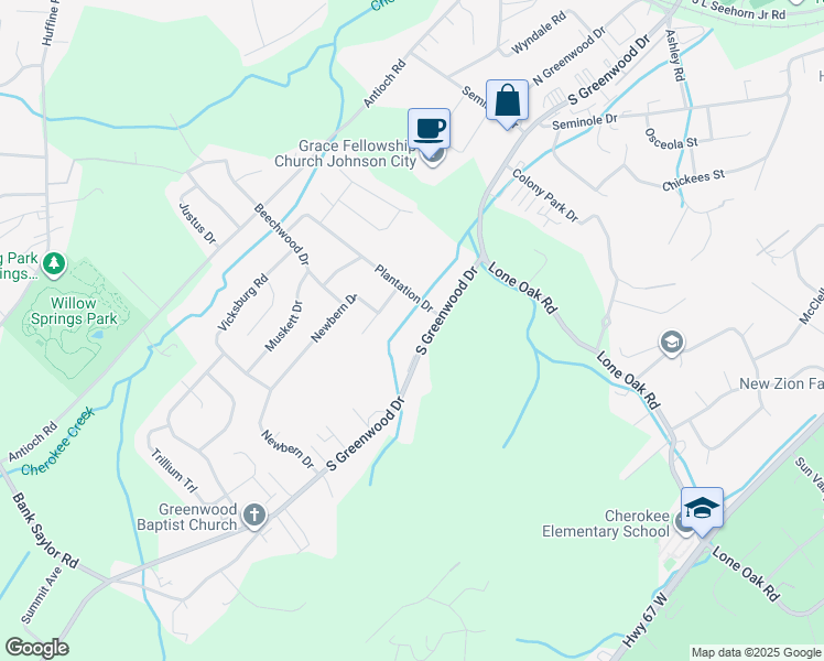 map of restaurants, bars, coffee shops, grocery stores, and more near 2814 South Greenwood Drive in Johnson City