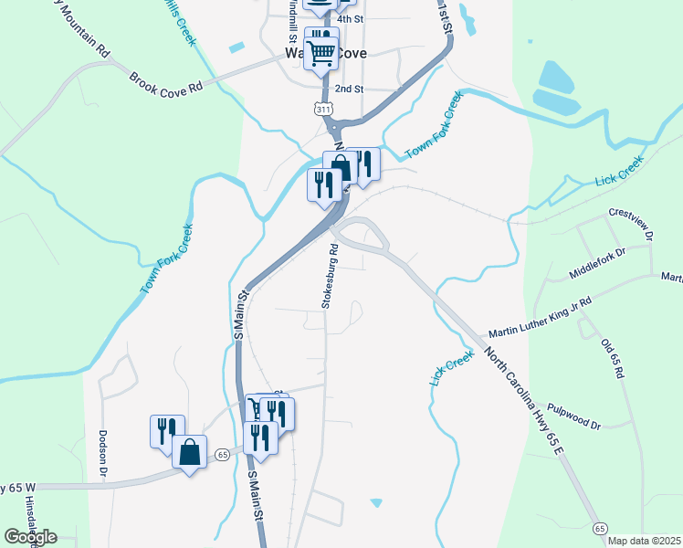map of restaurants, bars, coffee shops, grocery stores, and more near 105 Cameron Street in Walnut Cove