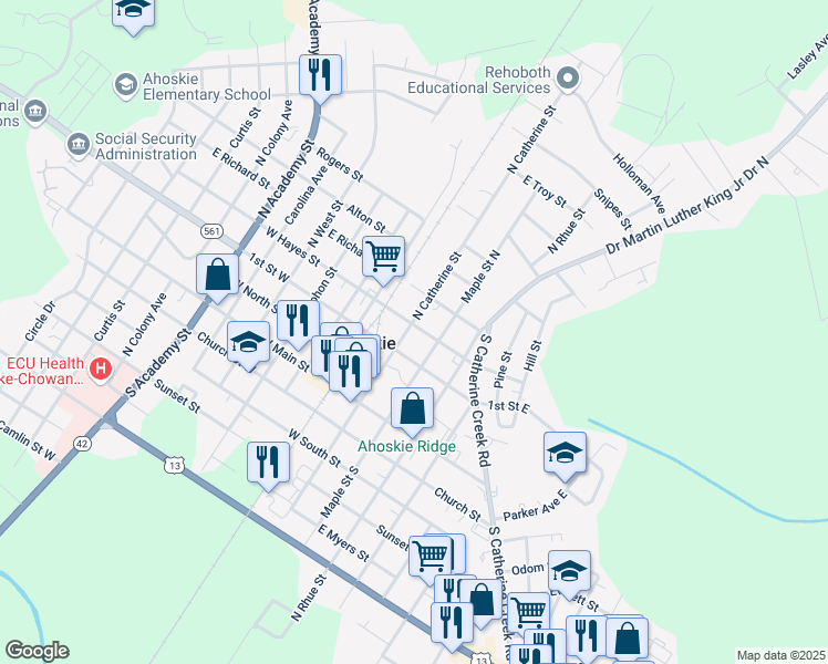 map of restaurants, bars, coffee shops, grocery stores, and more near 213 1st Street East in Ahoskie