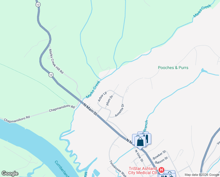 map of restaurants, bars, coffee shops, grocery stores, and more near 174 Arbor Loop in Ashland City