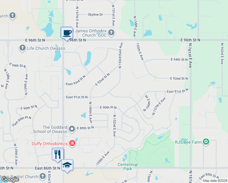 map of restaurants, bars, coffee shops, grocery stores, and more near 15324 East 91st Street North in Owasso