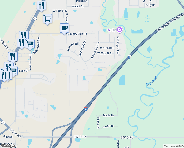 map of restaurants, bars, coffee shops, grocery stores, and more near 2109 South Missouri Place in Claremore