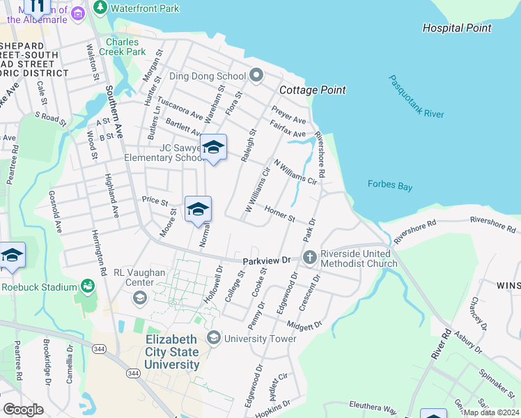 map of restaurants, bars, coffee shops, grocery stores, and more near 1319 Horner Street in Elizabeth City