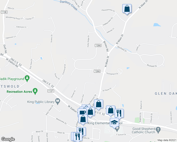 map of restaurants, bars, coffee shops, grocery stores, and more near 102 Ashview Drive in King