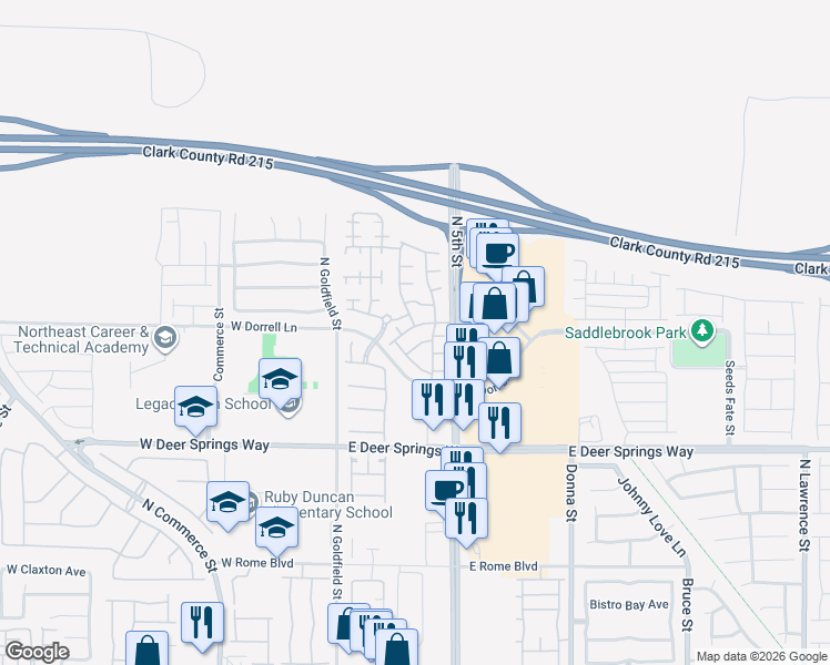 map of restaurants, bars, coffee shops, grocery stores, and more near 7021 Solana Ridge Drive in North Las Vegas