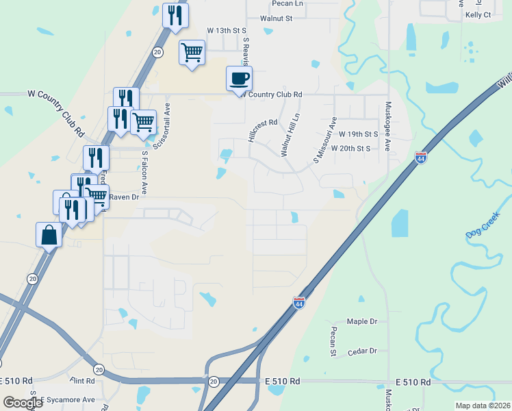 map of restaurants, bars, coffee shops, grocery stores, and more near 1115 Colhurst Lane in Claremore