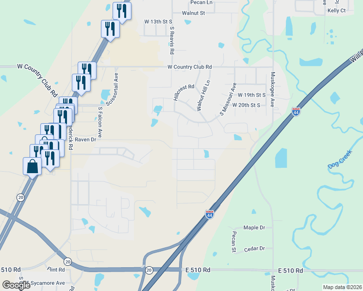 map of restaurants, bars, coffee shops, grocery stores, and more near 1115 Colhurst Lane in Claremore