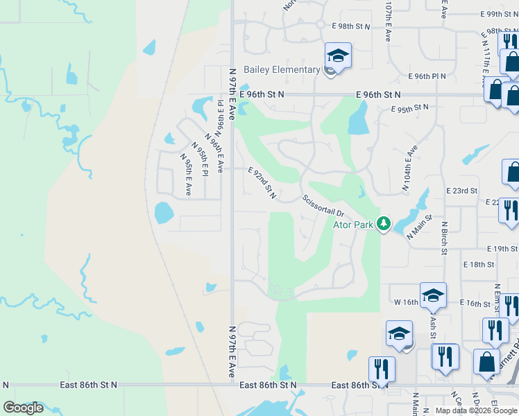 map of restaurants, bars, coffee shops, grocery stores, and more near 9200 North 98th East Court in Owasso