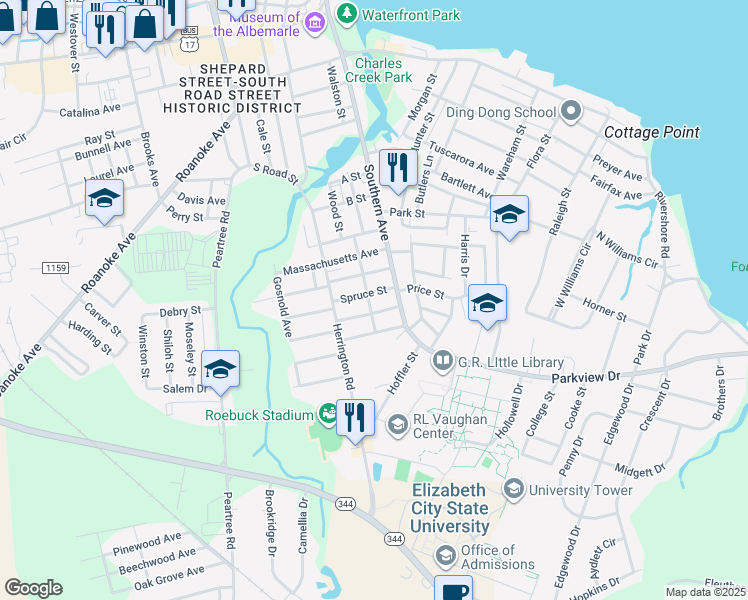 map of restaurants, bars, coffee shops, grocery stores, and more near 1219 Southern Avenue in Elizabeth City
