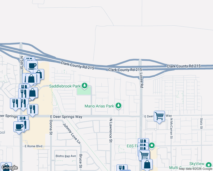 map of restaurants, bars, coffee shops, grocery stores, and more near Bruce Woodbury Beltway in North Las Vegas