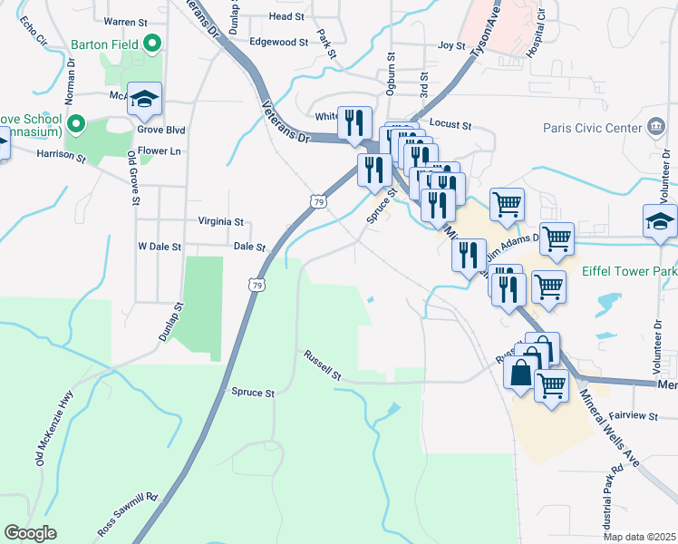 map of restaurants, bars, coffee shops, grocery stores, and more near 727 Spruce Street in Paris