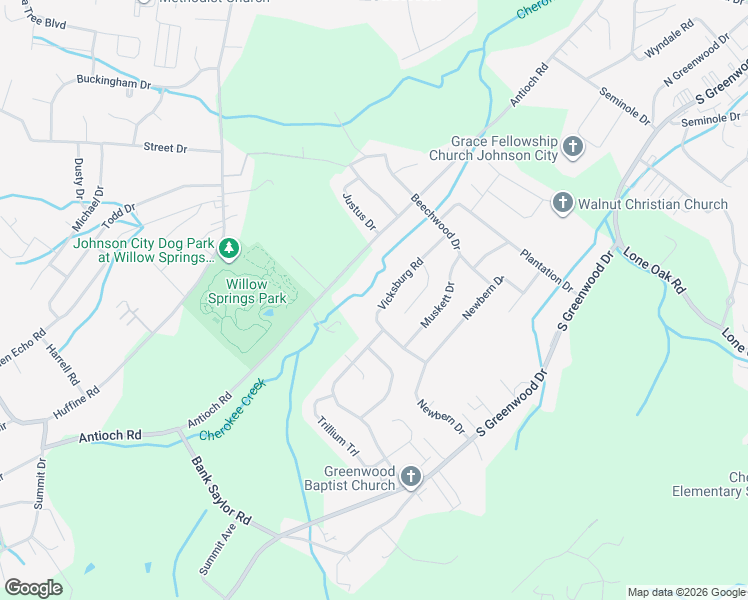 map of restaurants, bars, coffee shops, grocery stores, and more near 3007 Vicksburg Road in Johnson City