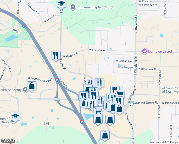 map of restaurants, bars, coffee shops, grocery stores, and more near 2901 South 26th Street in Rogers