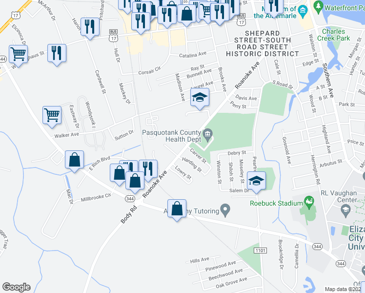 map of restaurants, bars, coffee shops, grocery stores, and more near 802 Roanoke Avenue in Elizabeth City