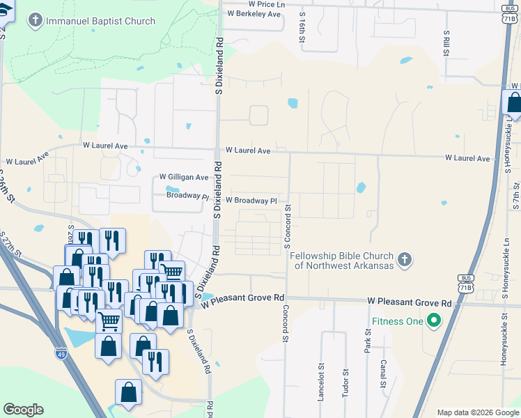 map of restaurants, bars, coffee shops, grocery stores, and more near 1709 West Broadway Place in Rogers
