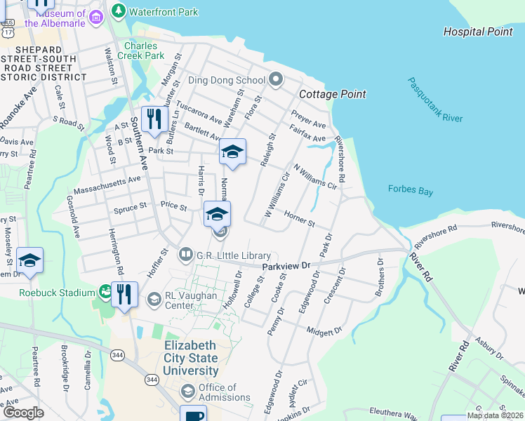 map of restaurants, bars, coffee shops, grocery stores, and more near 1119 West Williams Circle in Elizabeth City