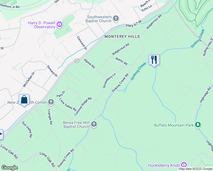 map of restaurants, bars, coffee shops, grocery stores, and more near 1502 Strawberry Lane in Johnson City