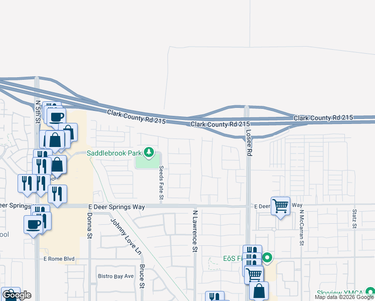 map of restaurants, bars, coffee shops, grocery stores, and more near Bruce Woodbury Beltway in North Las Vegas