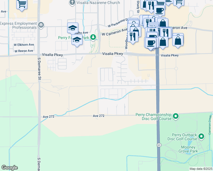 map of restaurants, bars, coffee shops, grocery stores, and more near 2400 West Midvalley Avenue in Visalia