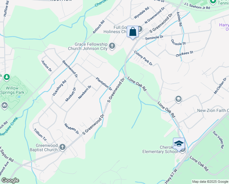 map of restaurants, bars, coffee shops, grocery stores, and more near 2799 South Greenwood Drive in Johnson City