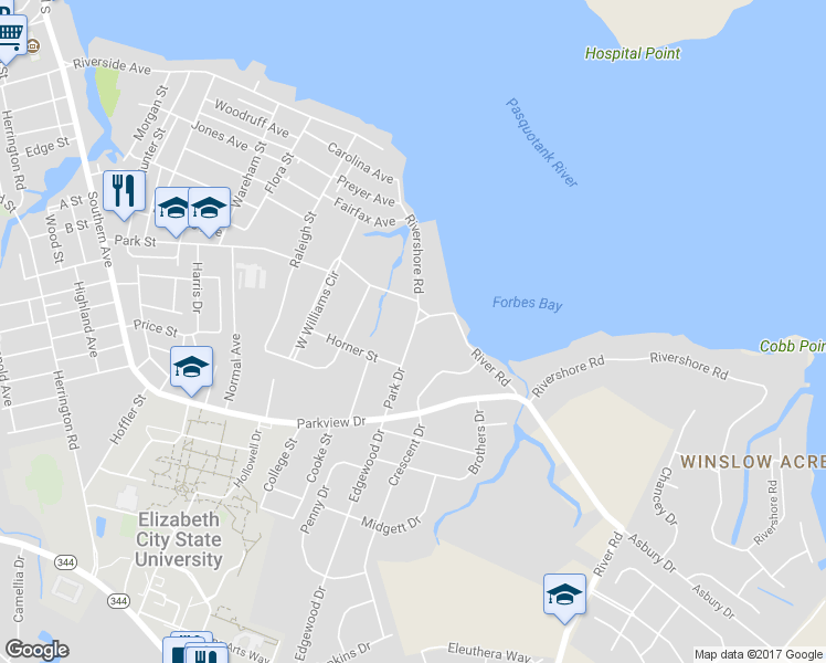 map of restaurants, bars, coffee shops, grocery stores, and more near 1110 Park Drive in Elizabeth City