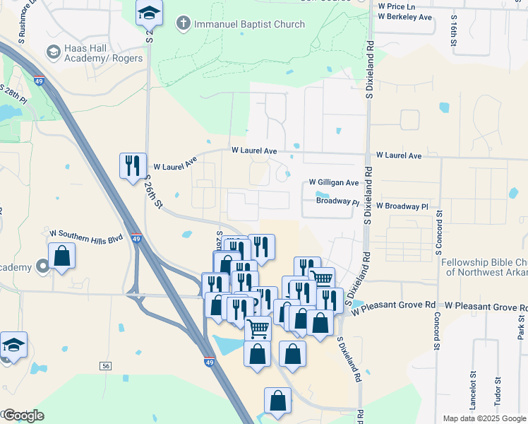 map of restaurants, bars, coffee shops, grocery stores, and more near 2901 South 26th Place in Rogers