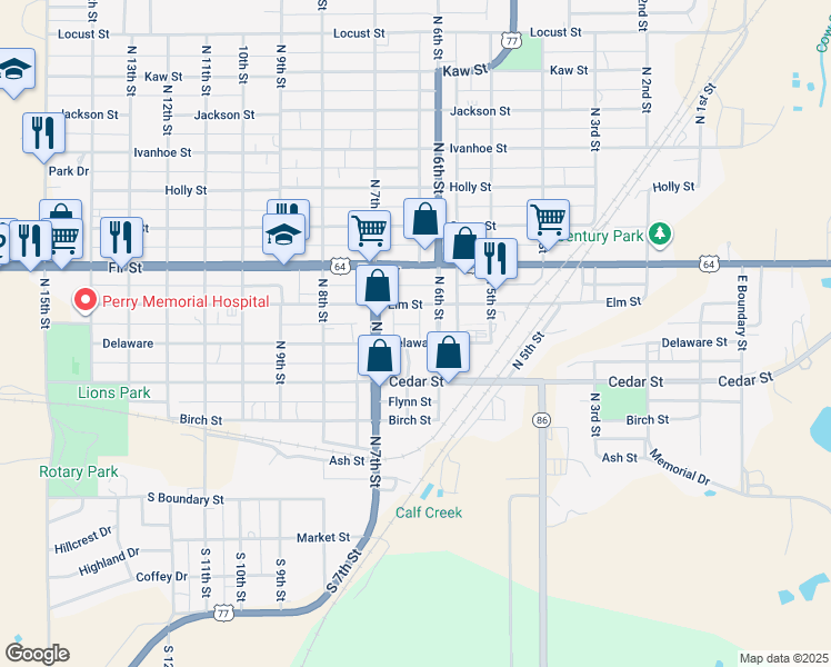 map of restaurants, bars, coffee shops, grocery stores, and more near 615 Delaware in Perry