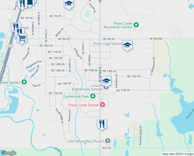 map of restaurants, bars, coffee shops, grocery stores, and more near 721 Wilkerson Drive in Pryor