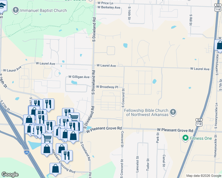 map of restaurants, bars, coffee shops, grocery stores, and more near S Dixieland Rd in Rogers