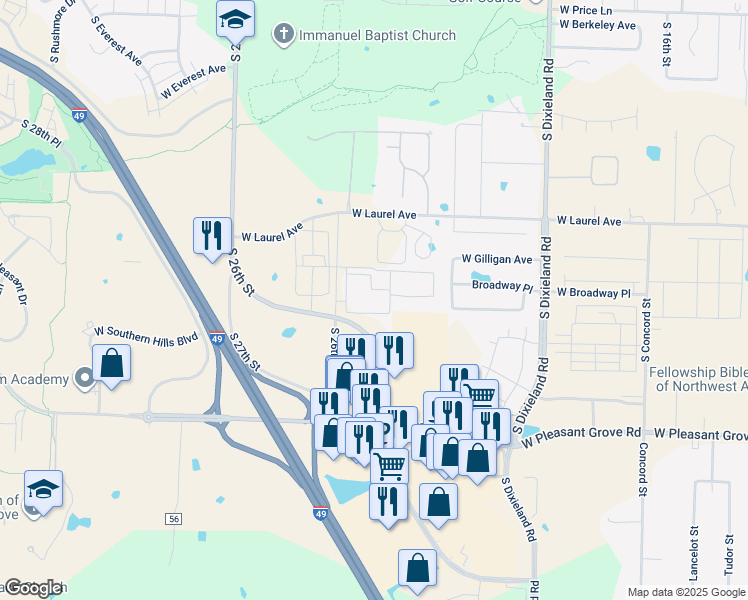 map of restaurants, bars, coffee shops, grocery stores, and more near in Rogers