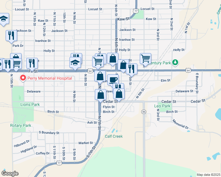 map of restaurants, bars, coffee shops, grocery stores, and more near 615 Delaware in Perry