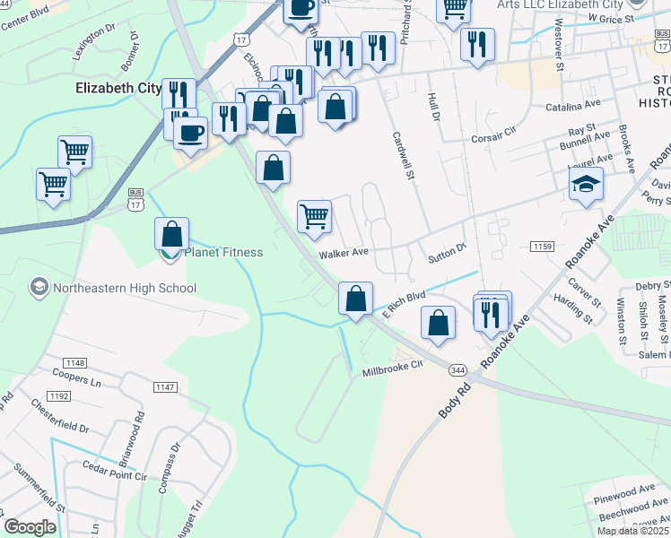 map of restaurants, bars, coffee shops, grocery stores, and more near 902 Halstead Boulevard in Elizabeth City