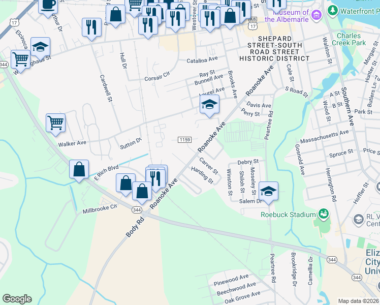 map of restaurants, bars, coffee shops, grocery stores, and more near 714 Roanoke Avenue in Elizabeth City