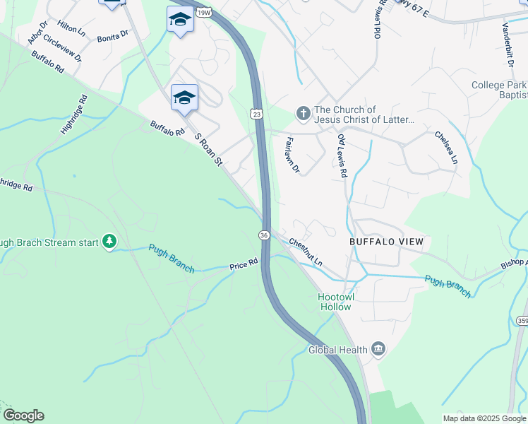 map of restaurants, bars, coffee shops, grocery stores, and more near Featheredge Dr in Johnson City