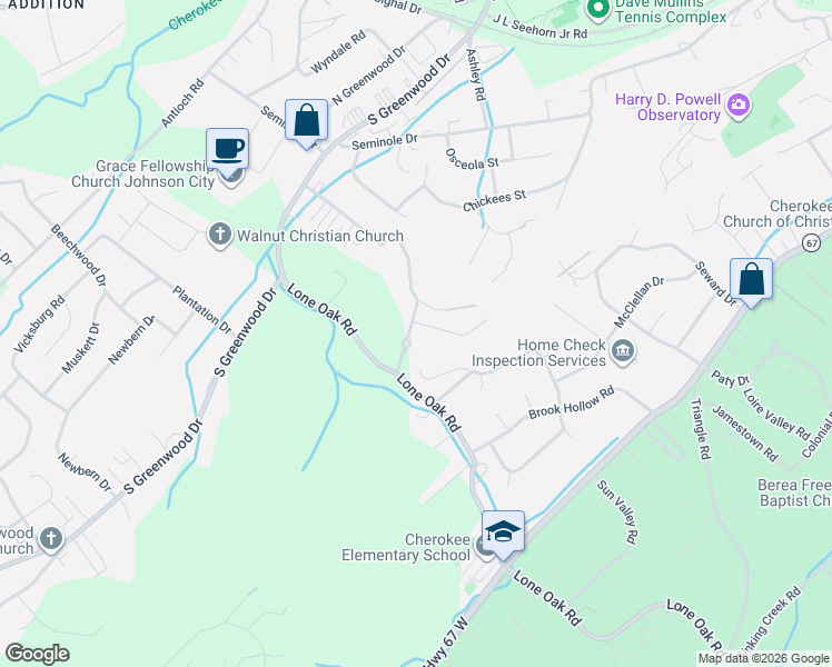 map of restaurants, bars, coffee shops, grocery stores, and more near 1711 Herrin Drive in Johnson City