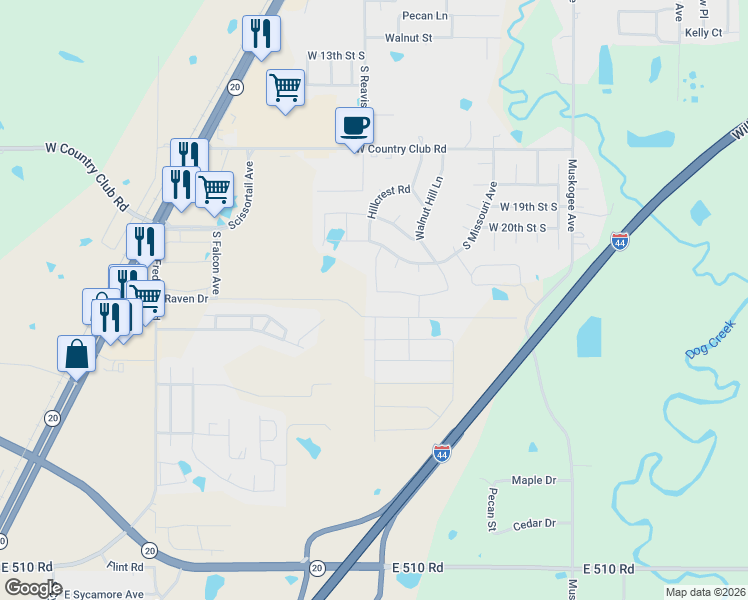 map of restaurants, bars, coffee shops, grocery stores, and more near 1115 Colhurst Lane in Claremore