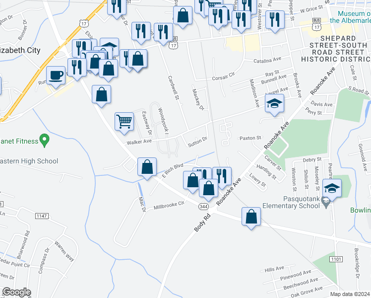map of restaurants, bars, coffee shops, grocery stores, and more near 132 Sutton Drive in Elizabeth City