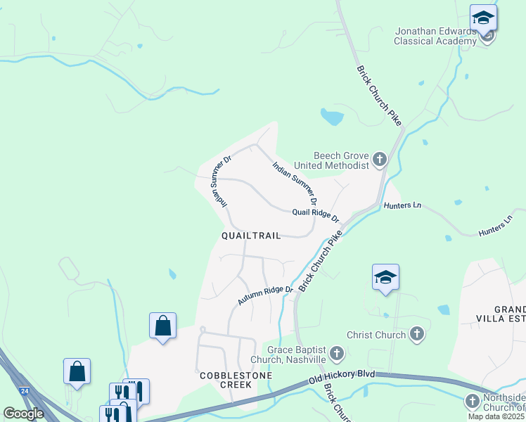 map of restaurants, bars, coffee shops, grocery stores, and more near 2133 Quail Ridge Drive in Nashville