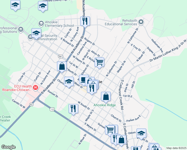 map of restaurants, bars, coffee shops, grocery stores, and more near 301 Railroad Street in Ahoskie