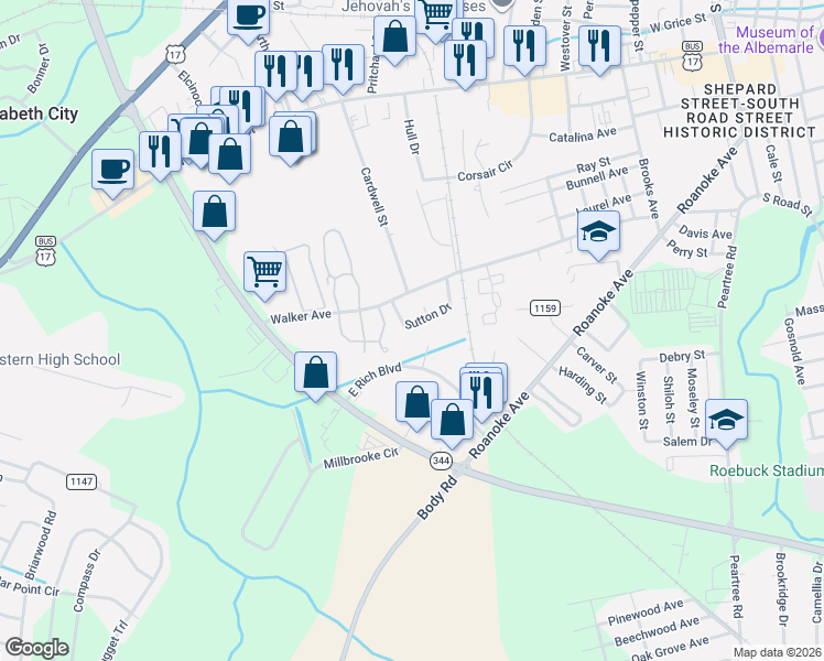 map of restaurants, bars, coffee shops, grocery stores, and more near 128 Sutton Drive in Elizabeth City